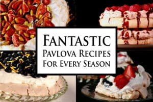 4 part image showing a variety of different Pavlovas. Overlaid text says fantastic Pavlova Recipes for every season.
