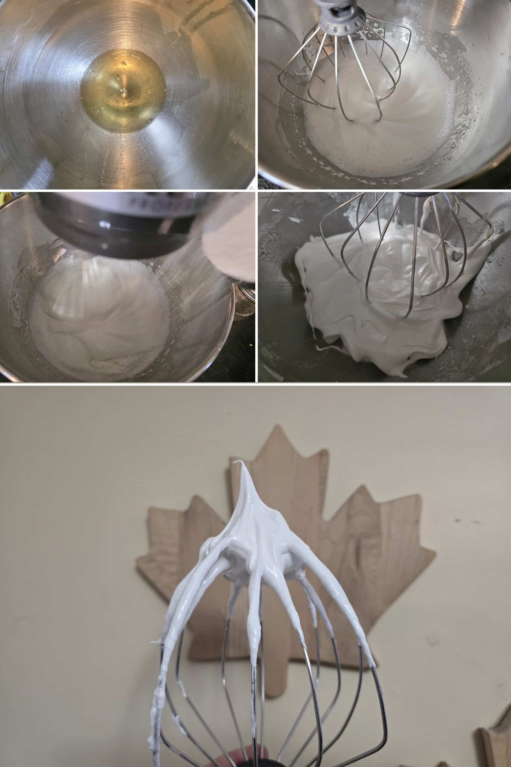 5 part image showing the egg whites and salt being beaten to soft peaks, sugar being added slowly, and the whisk being held up to show a stiff peak of meringue.