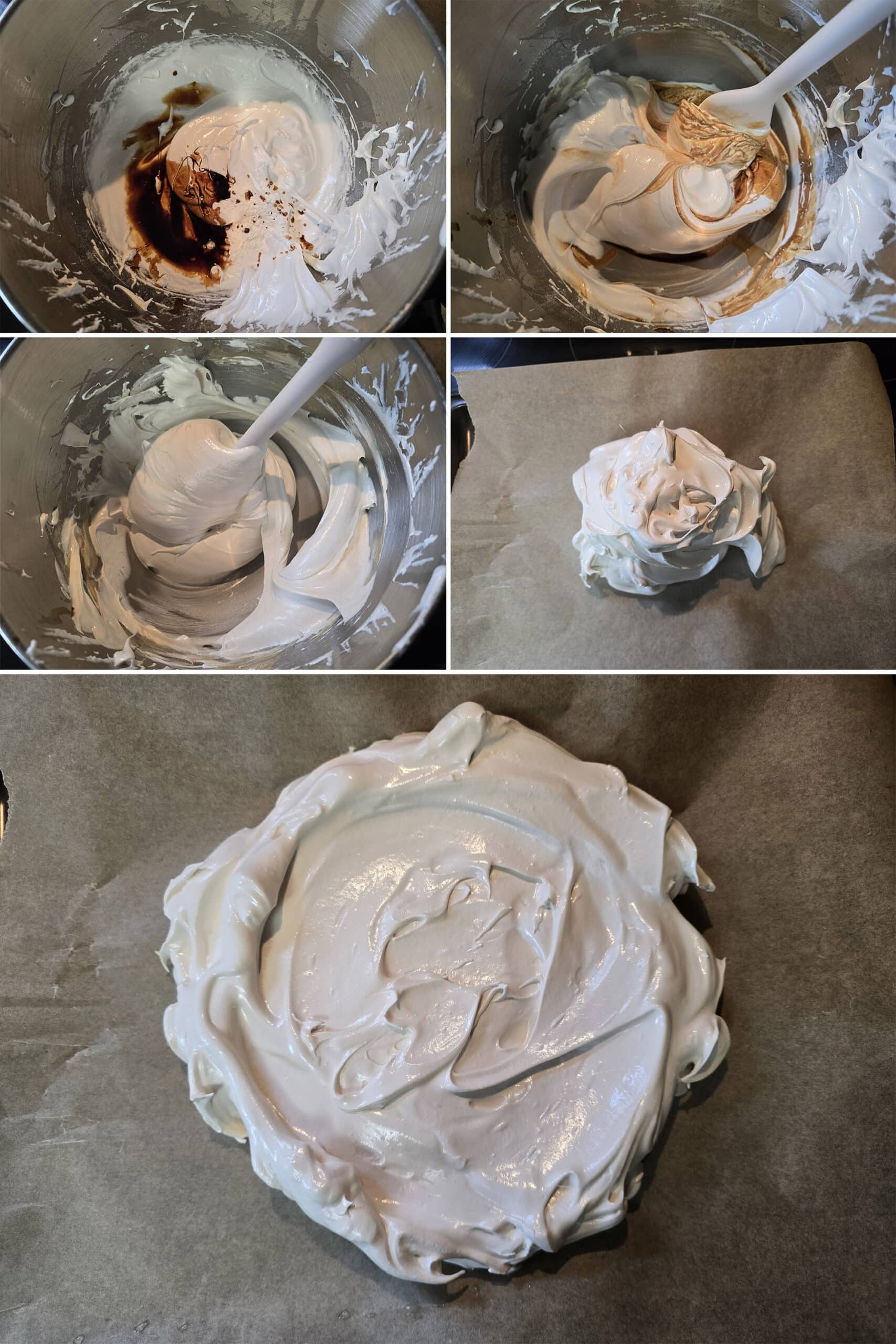 5 part image showing maple flavouring, corn starch, and vinegar being folded into the meringue, then spooned out onto parchment and swirled into a circle.