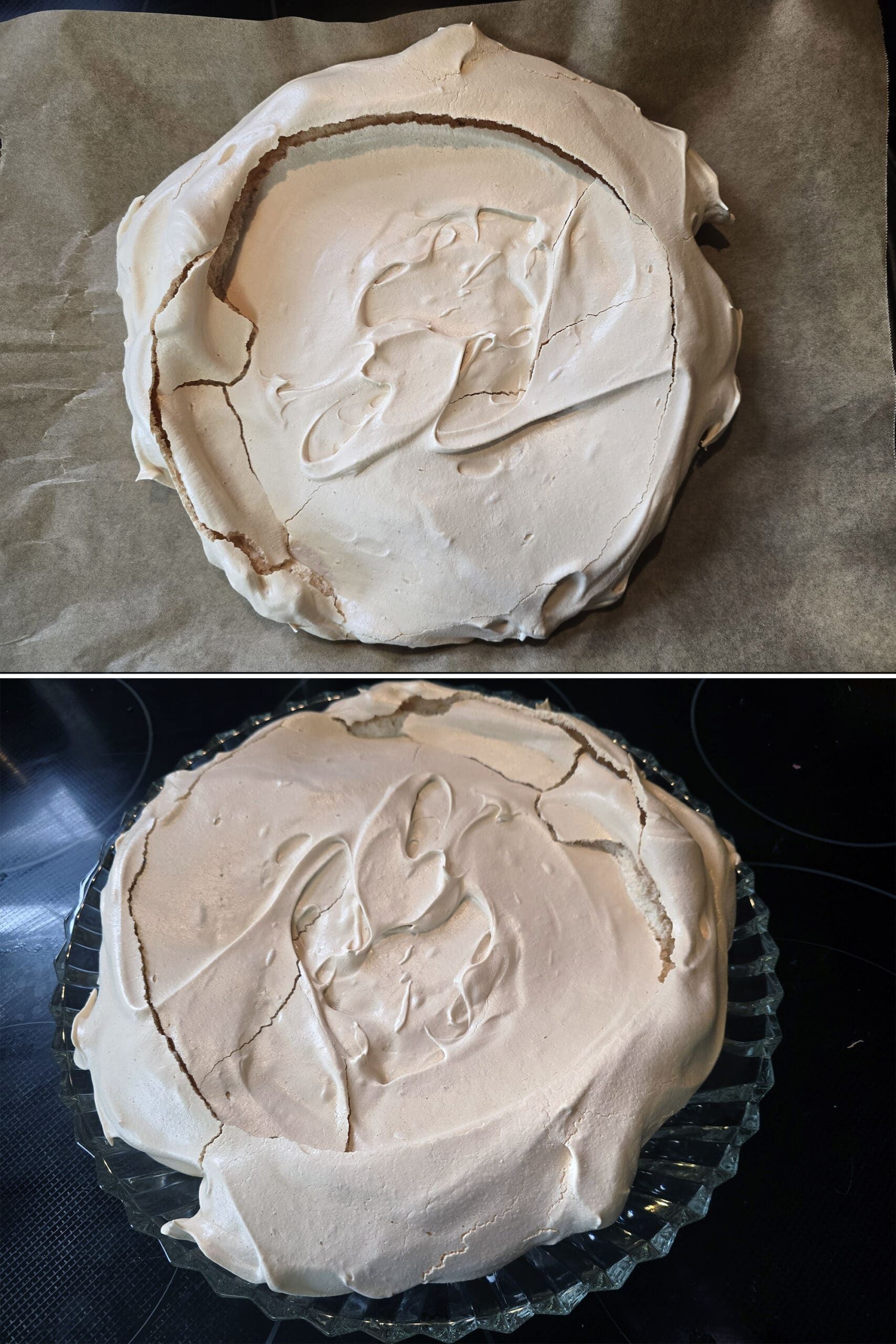 2 part image showing the baked maple pavlova meringue before and after being transferred to a glass serving plate.