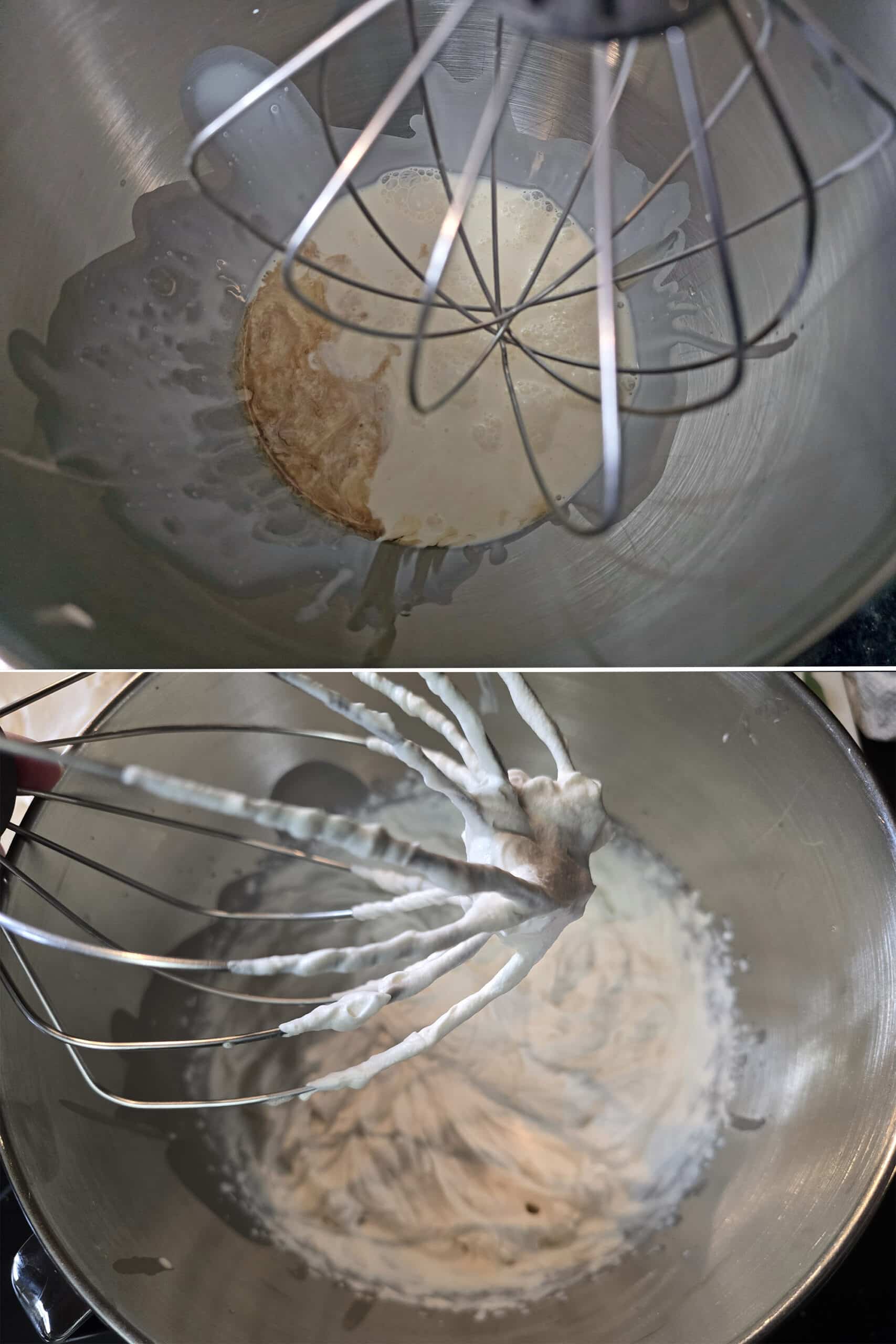 2 part image showing heavy whipping cream, maple syrup, vanilla extract and salt being whipped into flavoured whipped cream.