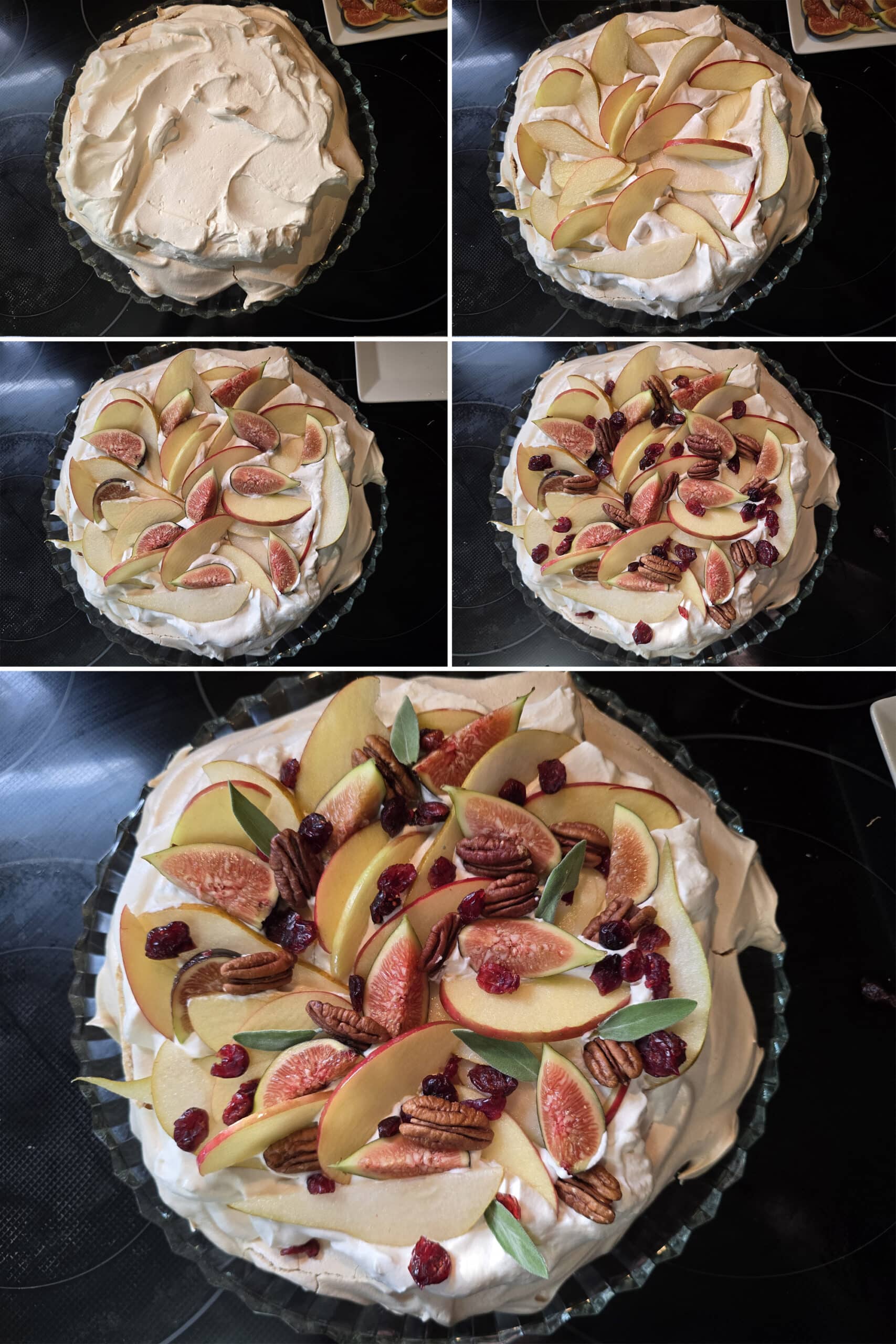 5 part image showing the maple whipped cream and fruits being layered onto the maple meringue base.