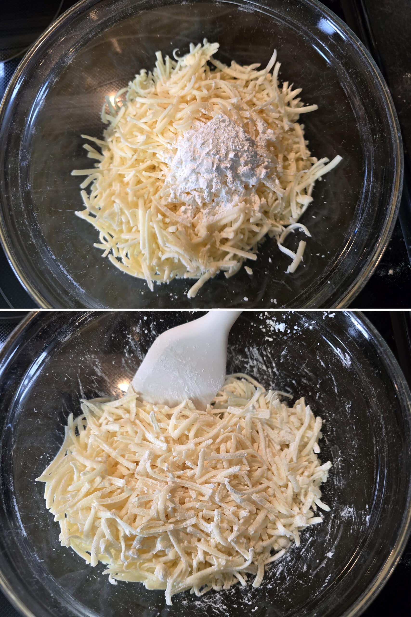 2 part image showing corn starch being mixed into a bowl of shredded Monterey Jack cheese.
