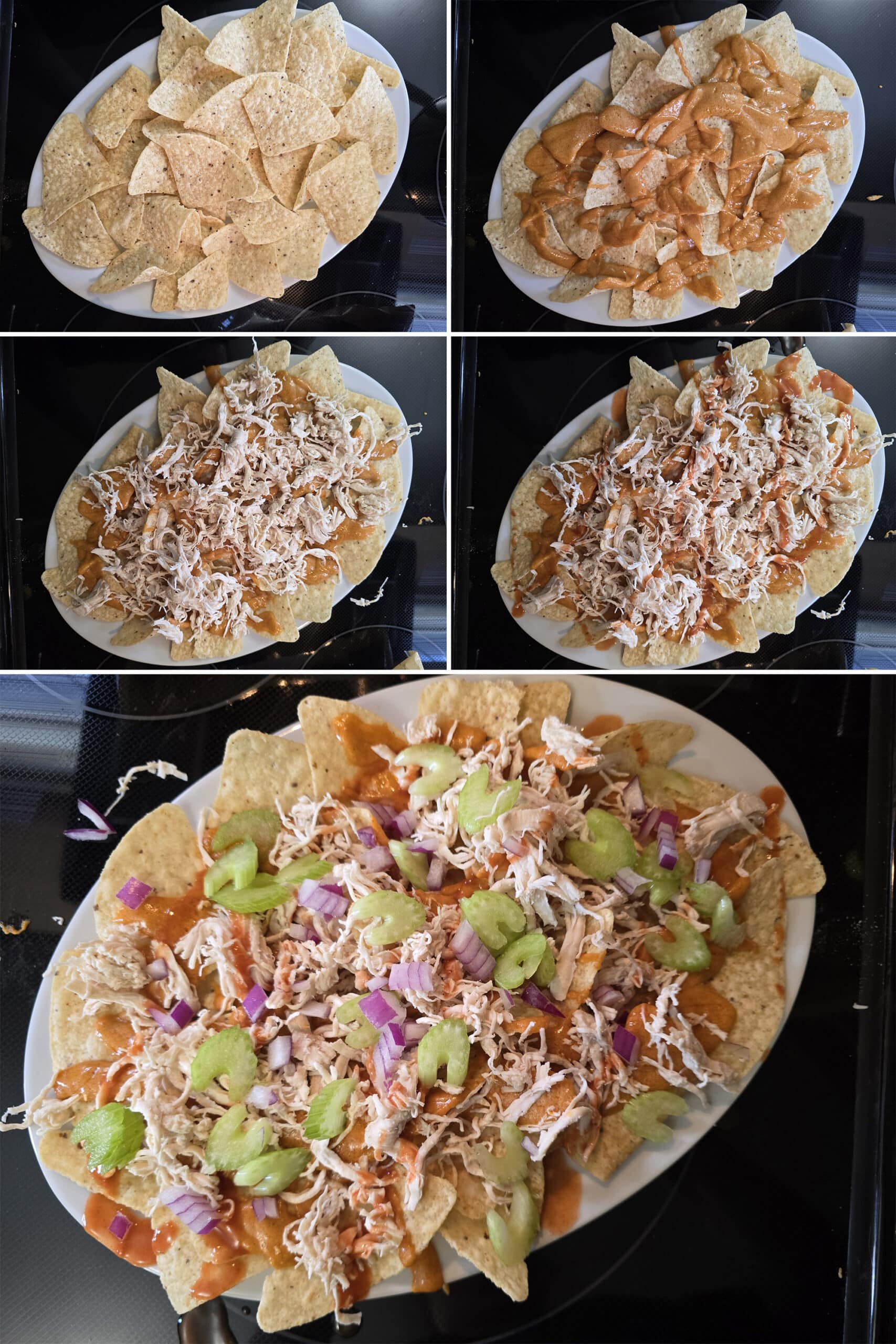 5 part image showing the first set of Buffalo Chicken Nacho layers being assembled.