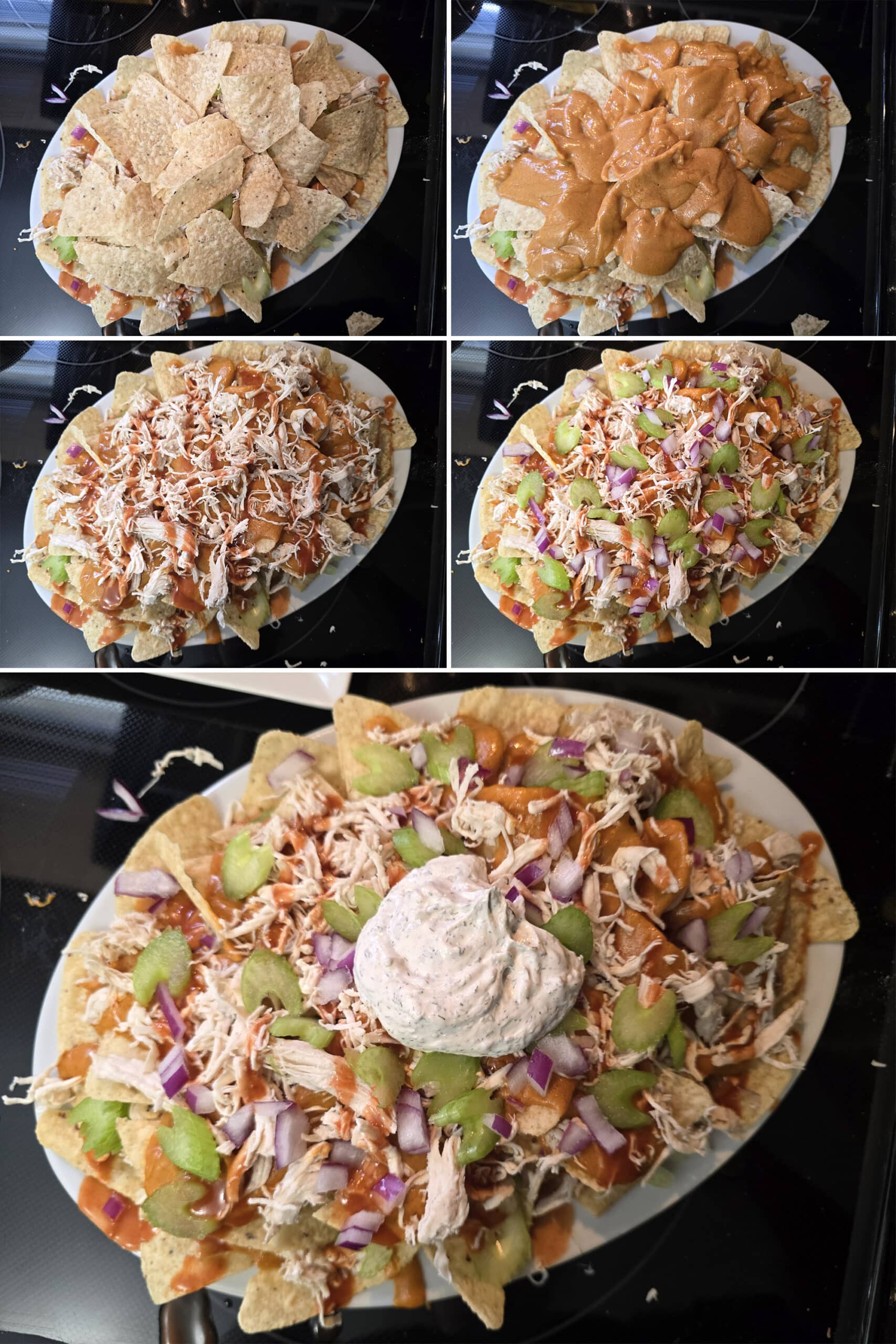 5 part image showing the second set of buffalo chicken nacho layers being assembled.