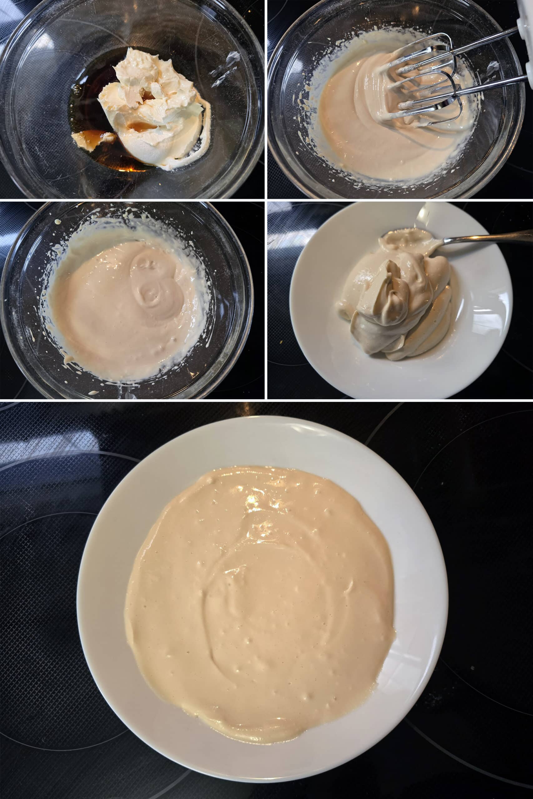 5 part image showing the cheesecake dip being whipped together using electric beaters, then spread in a shallow white bowl.