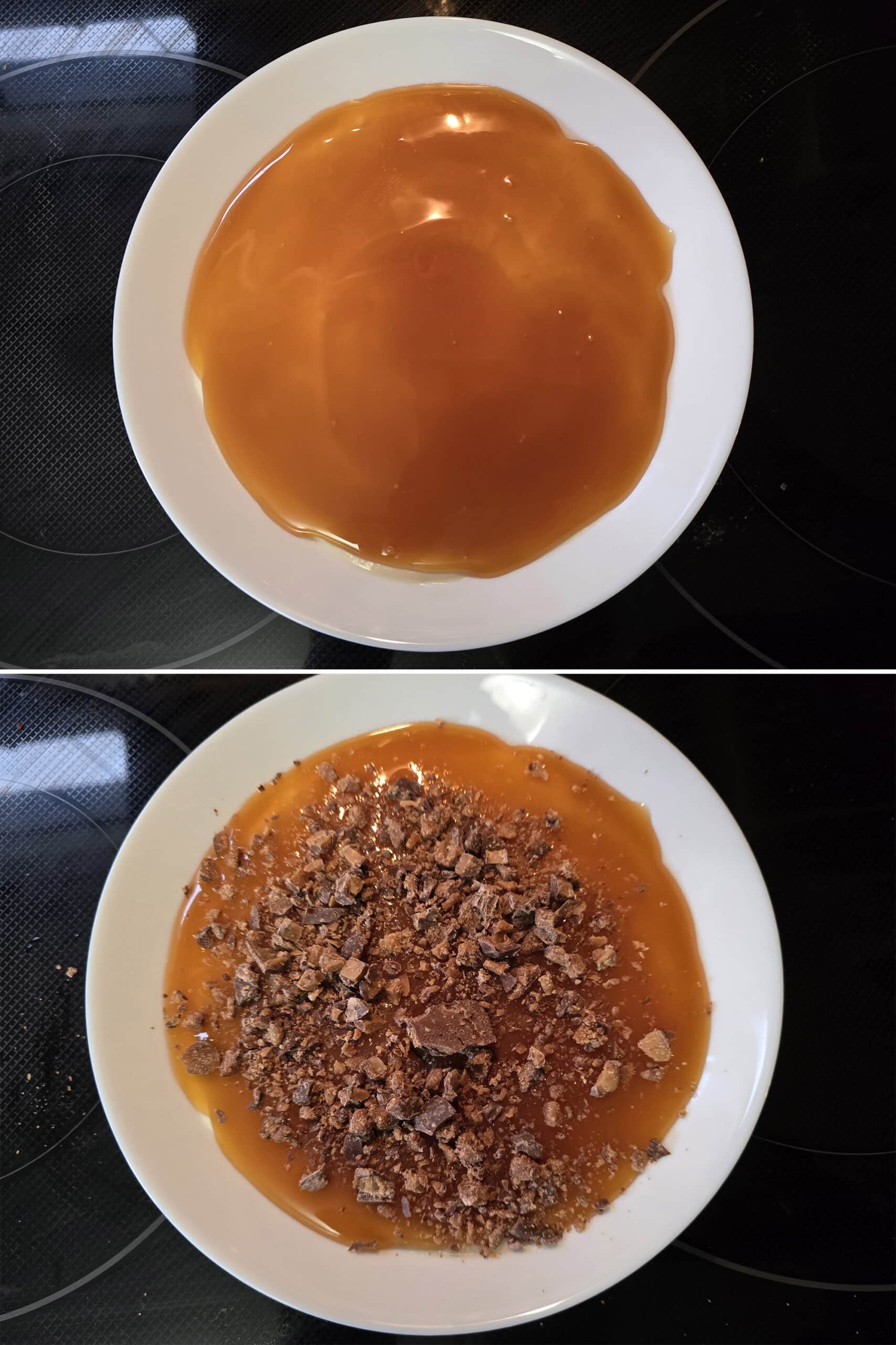 2 part image showing caramel sauce spread over the cheesecake dip, then topped with chopped Skor bars.