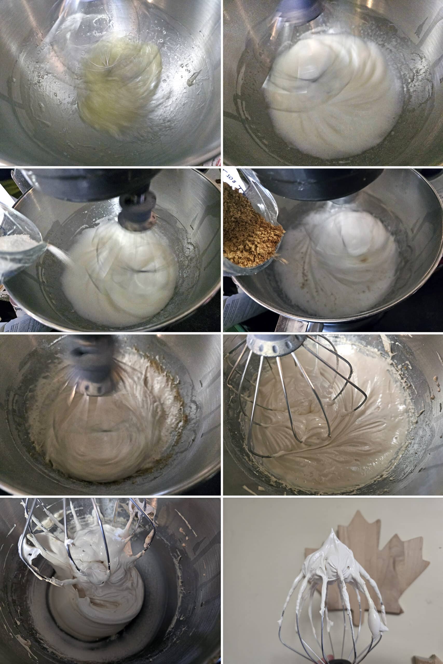 8 part image showing the egg whites and super fine sugar being beaten, then the brown sugar being added a bit at a time until stiff peaks are formed.