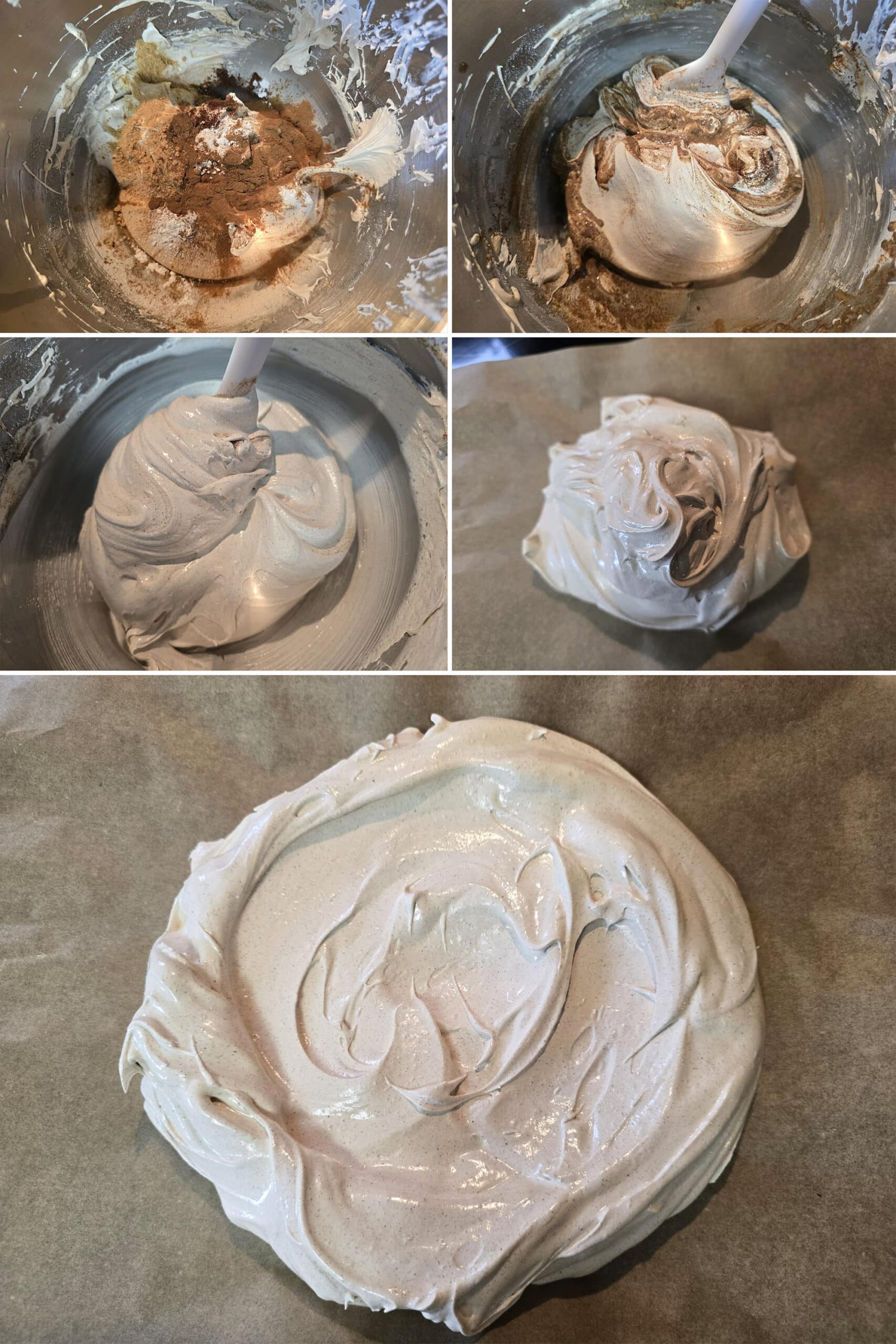 5 part image showing the vanilla, corn starch, vinegar, and spices being folded into the meringue.