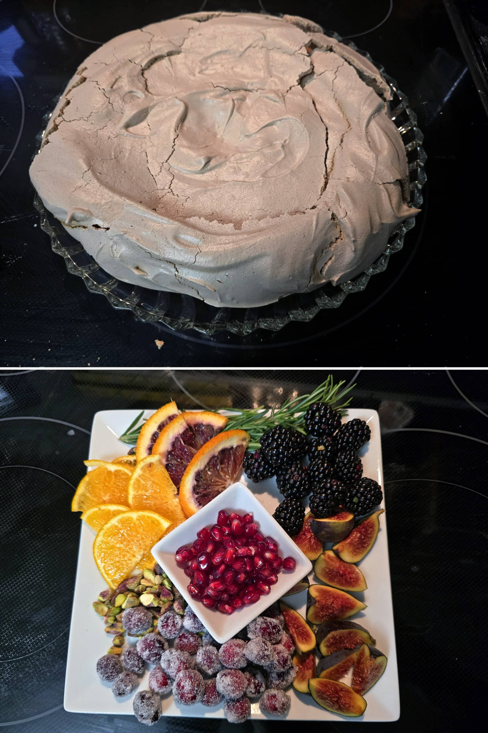 2 part image showing the gingerbread pavlova base on a serving plate, and a plate with prepared toppings.