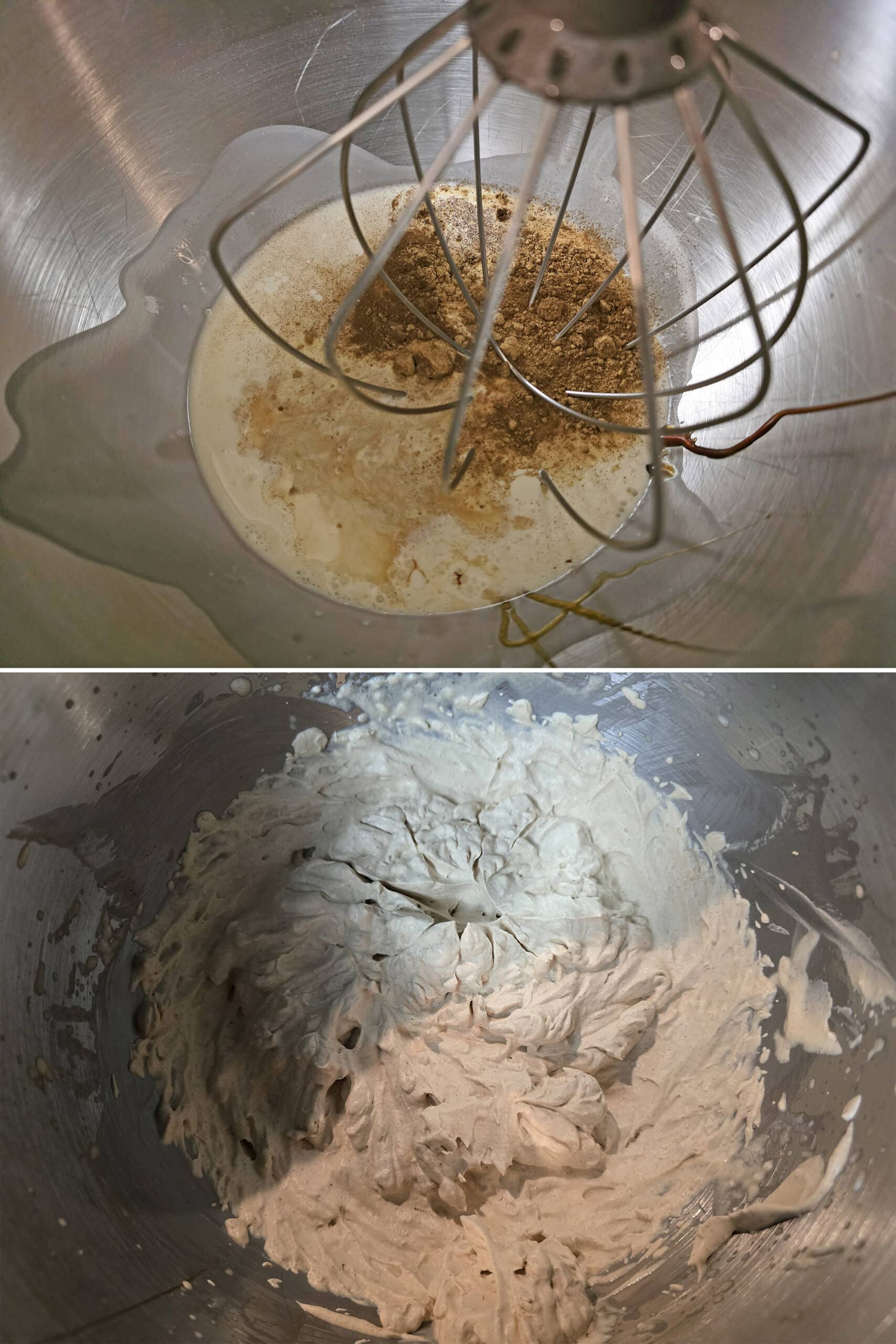 2 part image showing the gingerbread whipped cream being whipped in a stand mixer.