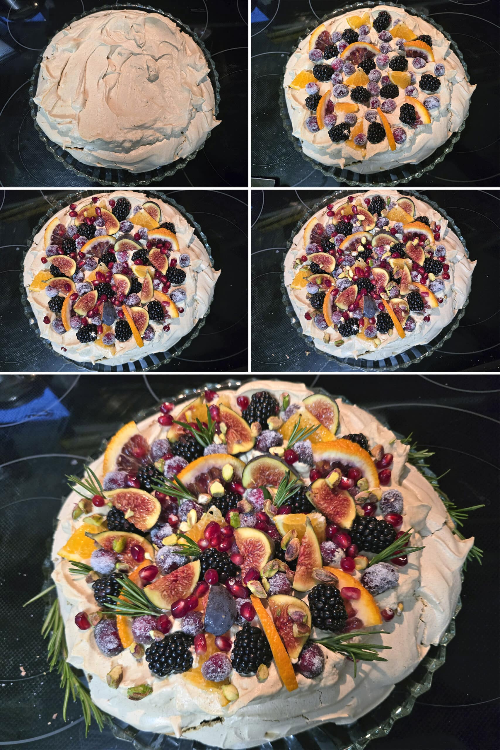 5 part image showing gingerbread flavoured whipped cream being mounded on the gingerbread meringue, then topped with blackberries, sugared cranberries, figs, oranges, pomegranate arils, and rosemary.