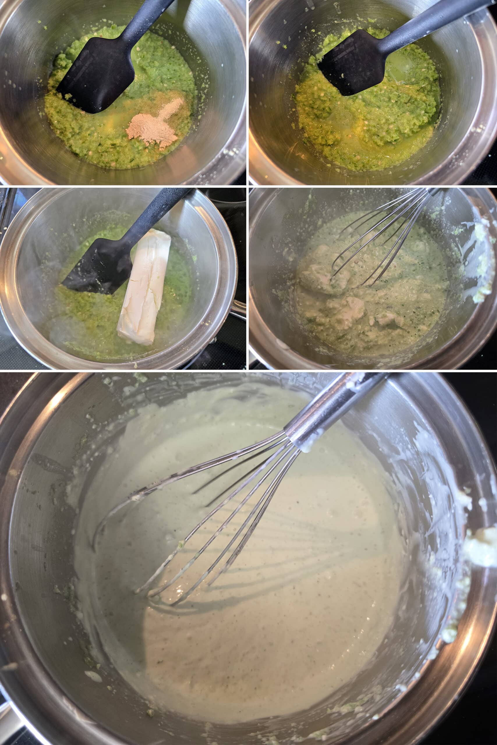 5 part image showing the seasonings being added to the jalapeno pulp and milk in a small pot, then the cream cheese added and mixed to form a creamy green sauce.