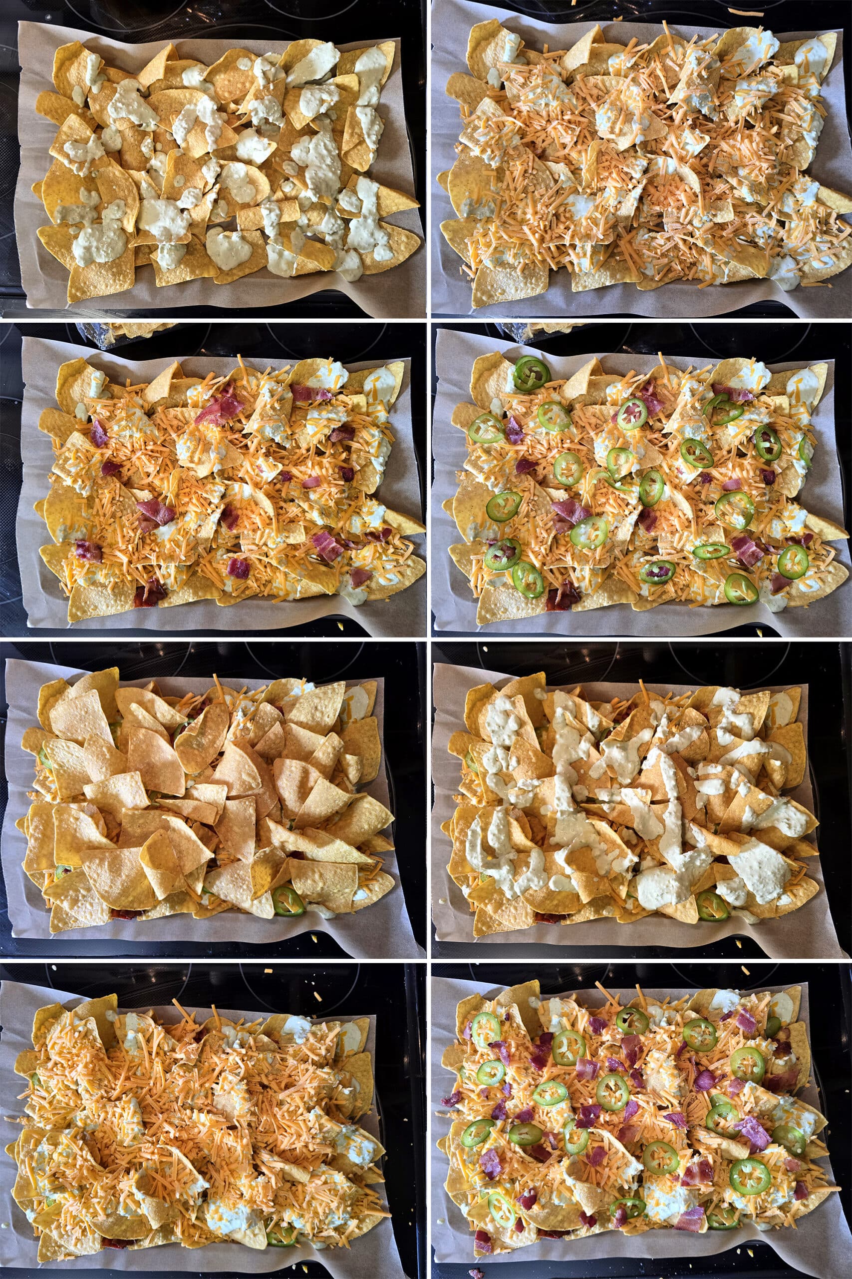 8 part image showing the pan of jalapeno popper nachos being assembled.