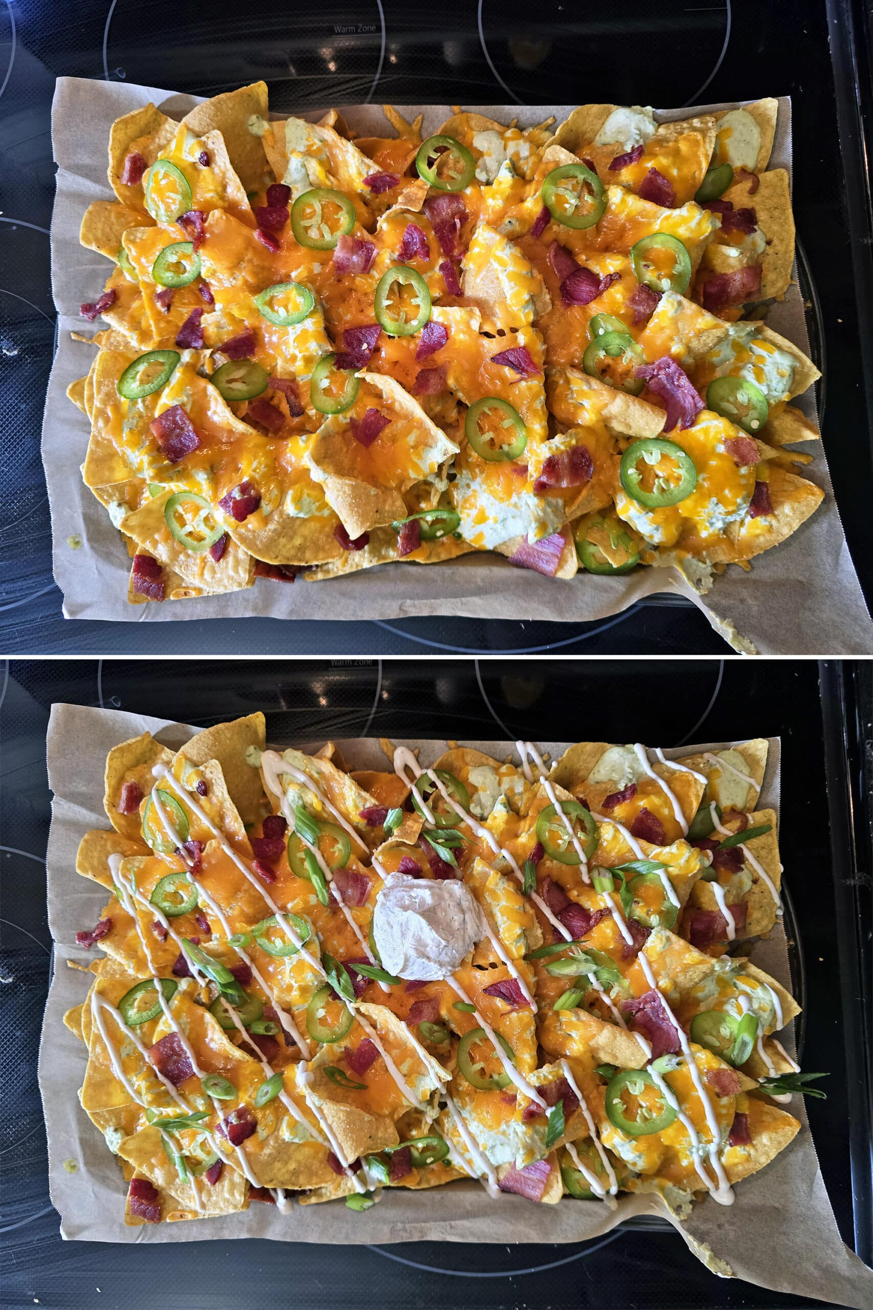 2 part image showing ranch, green onions, and ranch sour cream being added to the baked pan of jalapeno popper nachos.