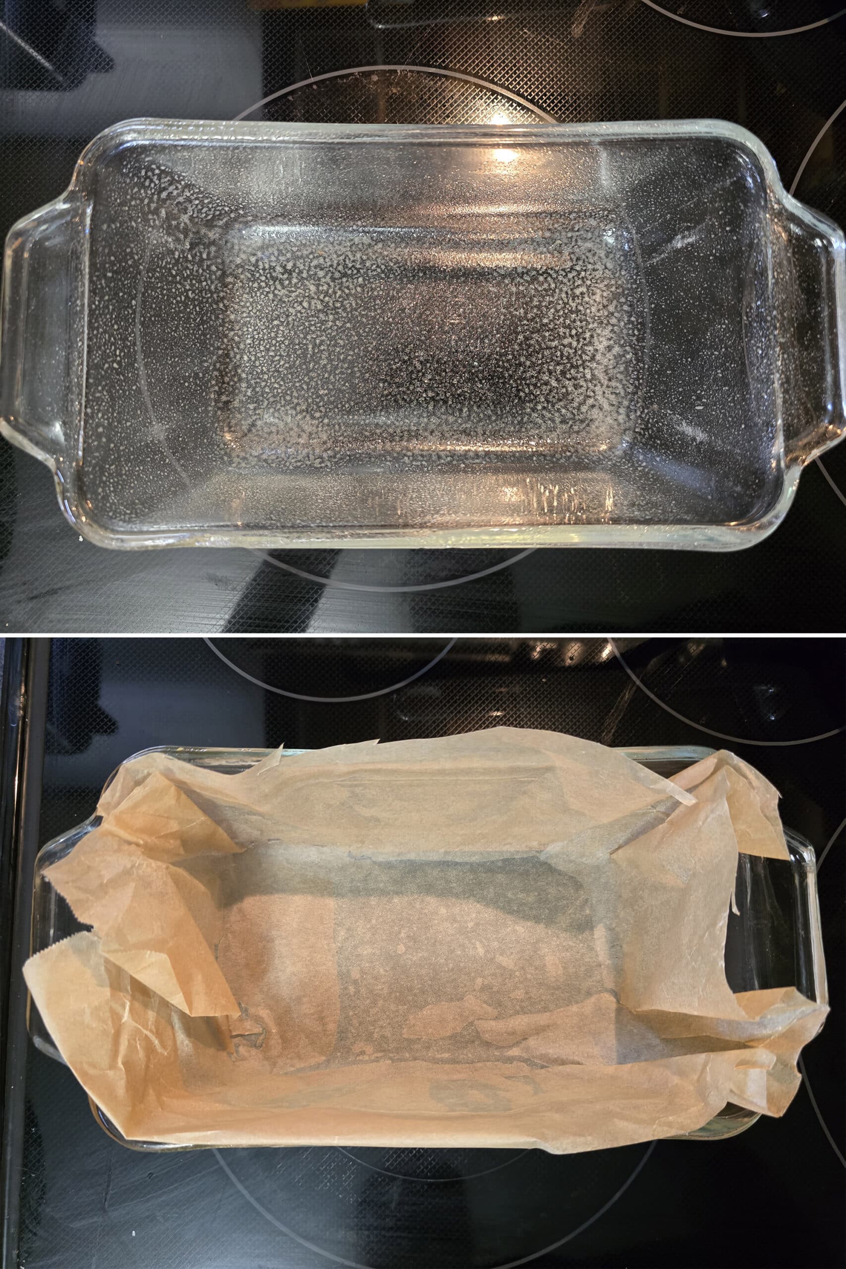 2 part image showing a loaf pan sprayed with nonstick spray then lined with parchment paper.