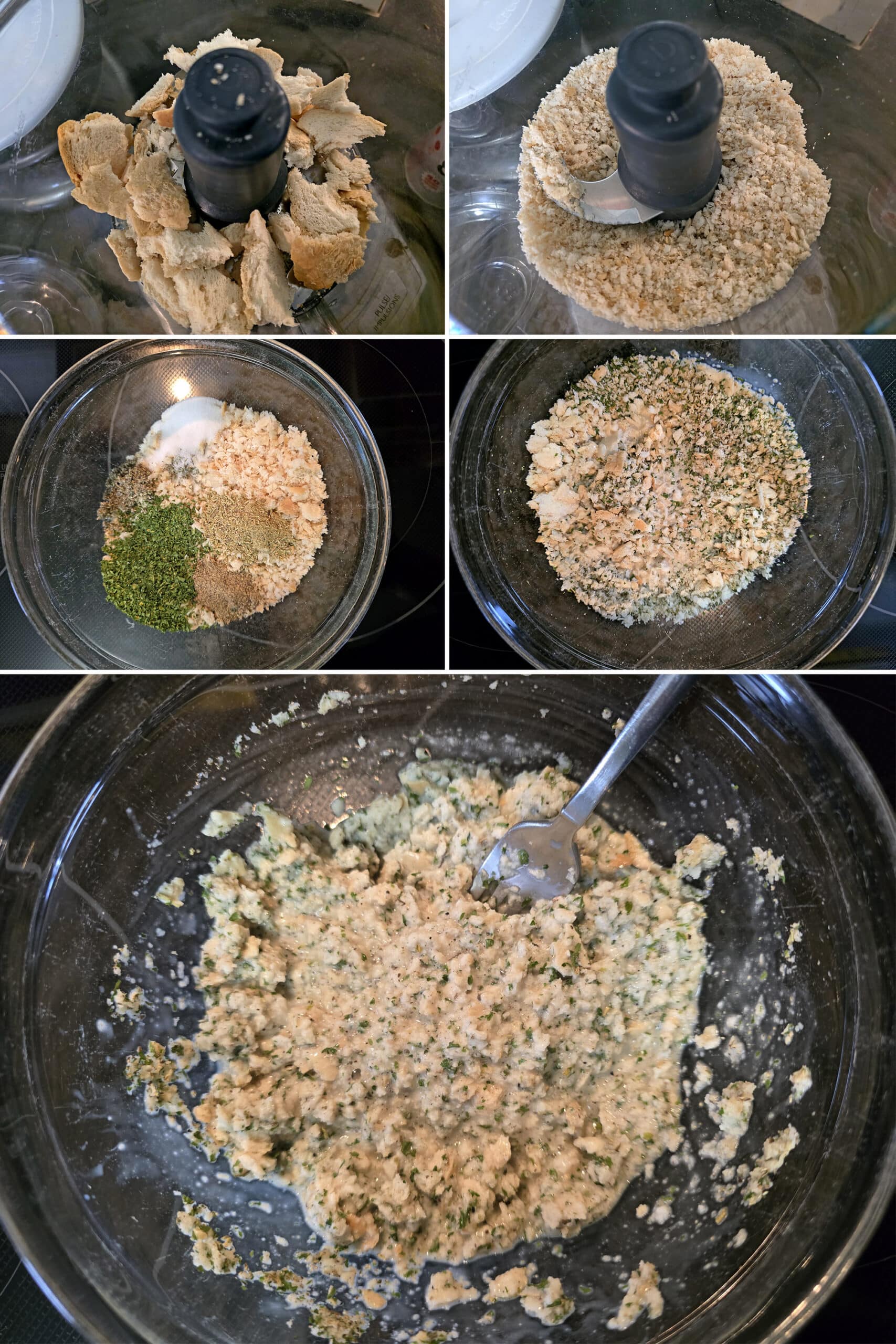 5 part image showing the bread being processed into crumbs, mixed with spices and then mixed with the milk.