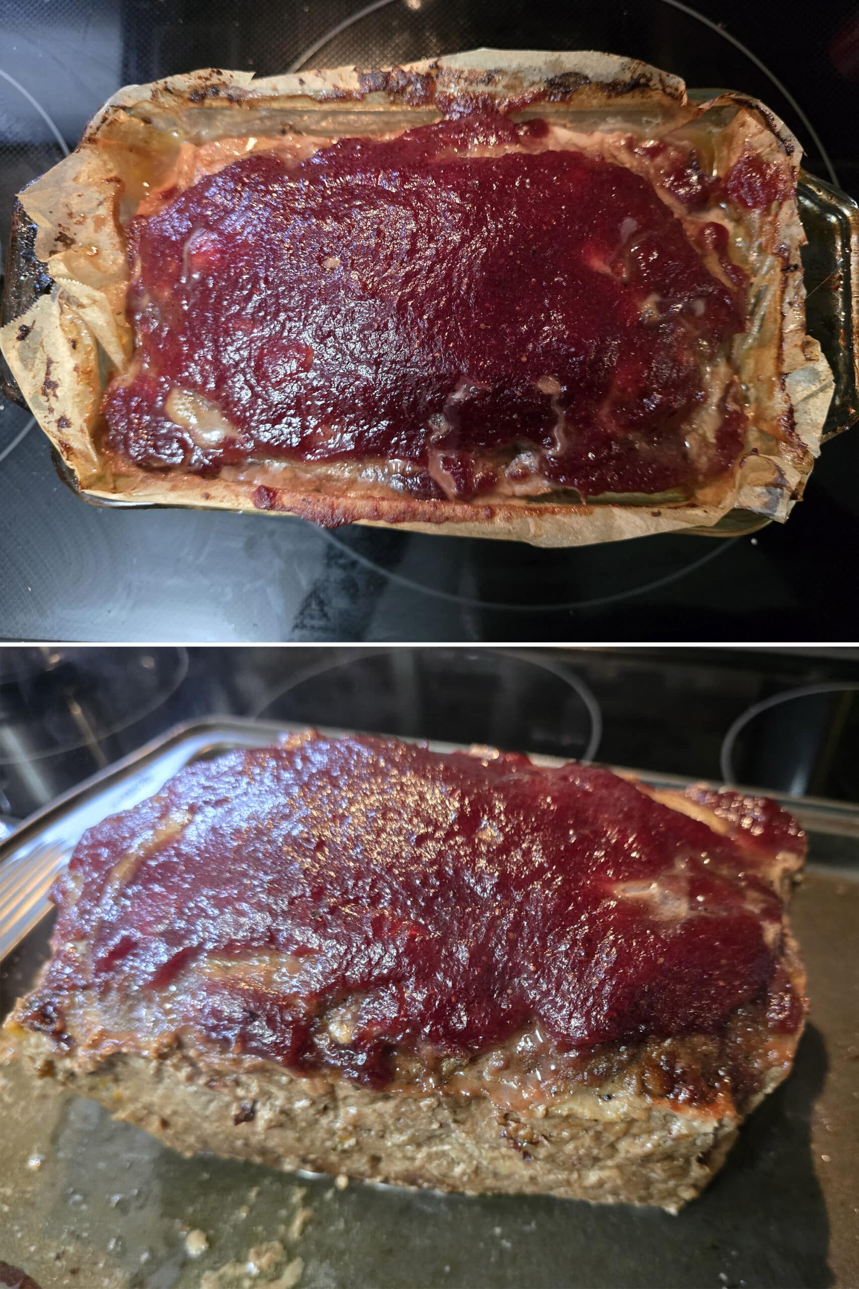 2 part image showing the cooked venison meatloaf before and after removing it from the pan.