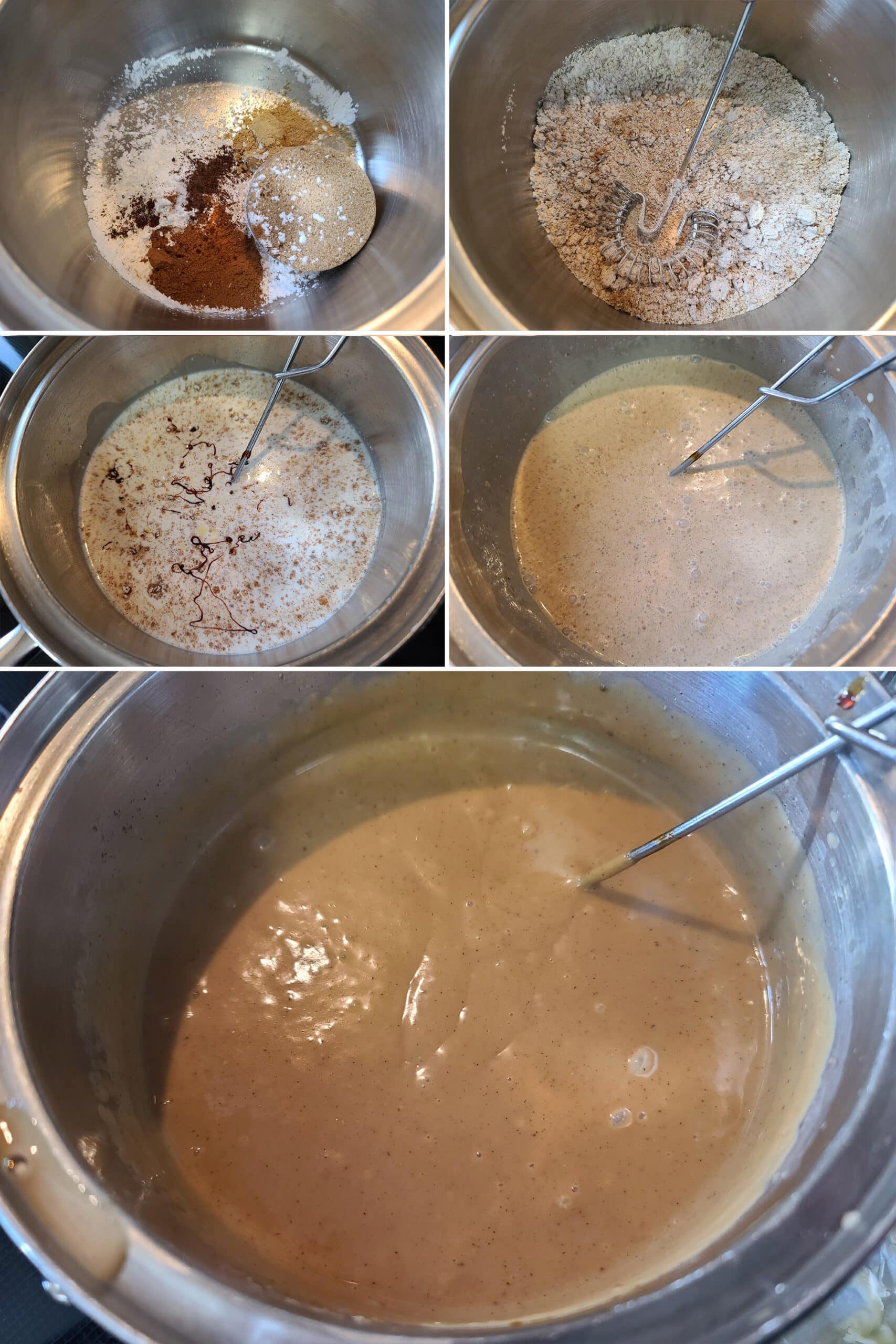 5 part image showing the dry ingredients being whisked, then the remaining ingredients added and whisked together.