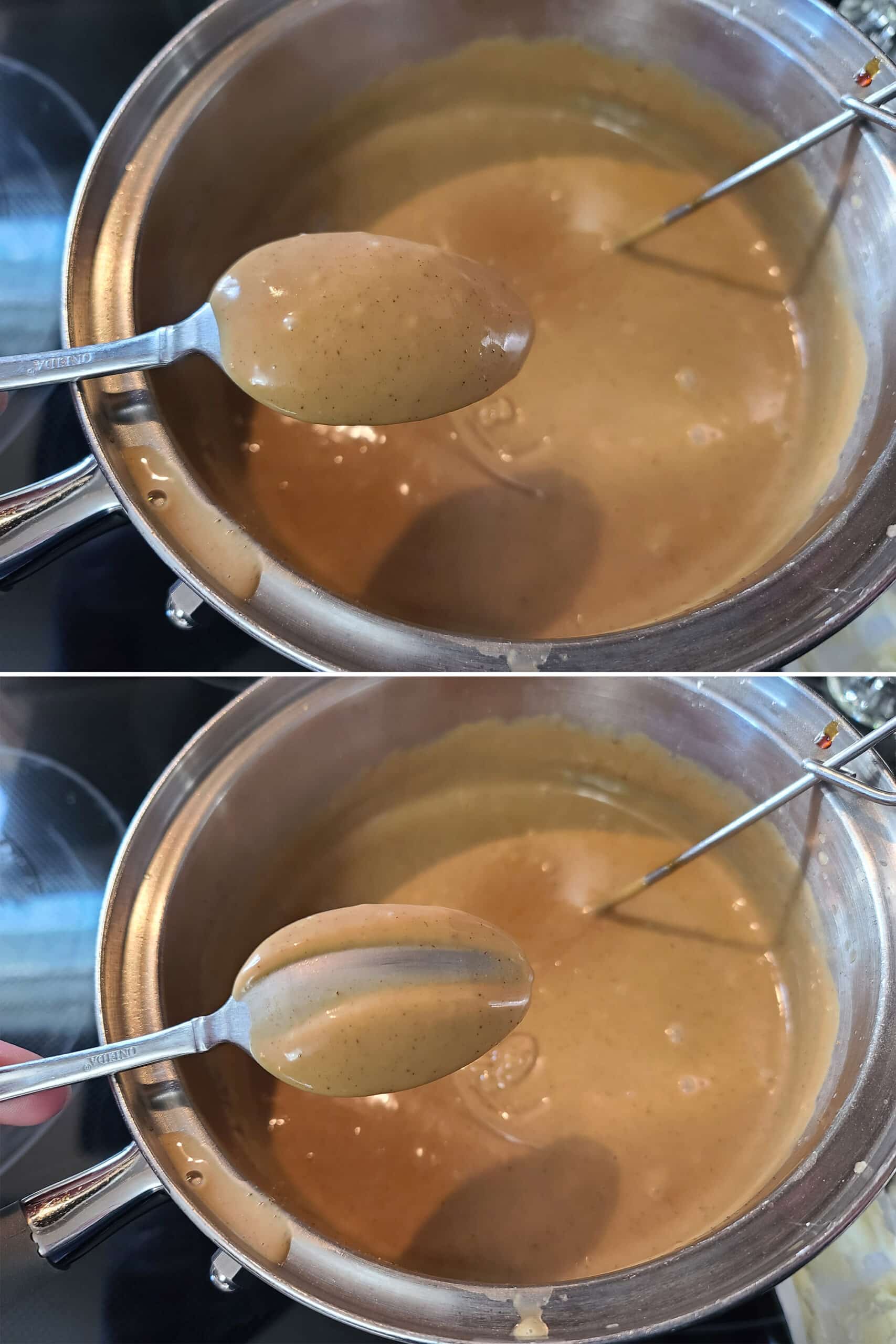 2 part image showing a spoon coated in pudding, then the same spoon with a line pulled through the pudding coating.