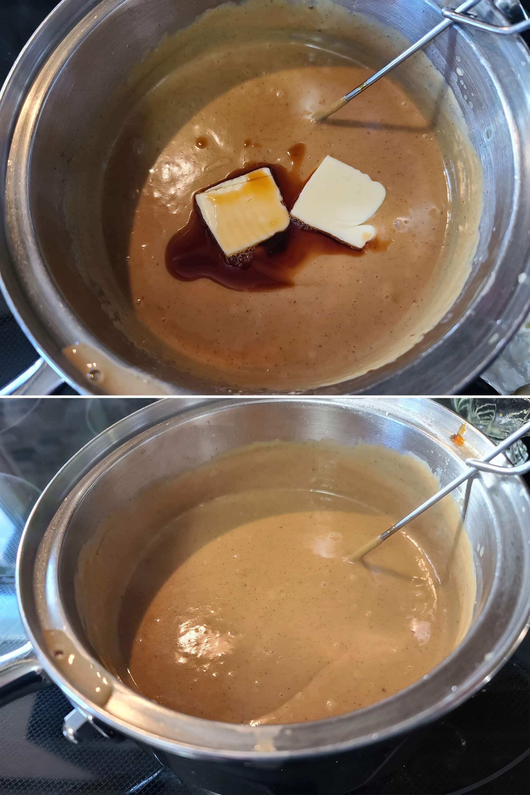 2 part image showing butter and vanilla being whisked into the gingerbread pudding.