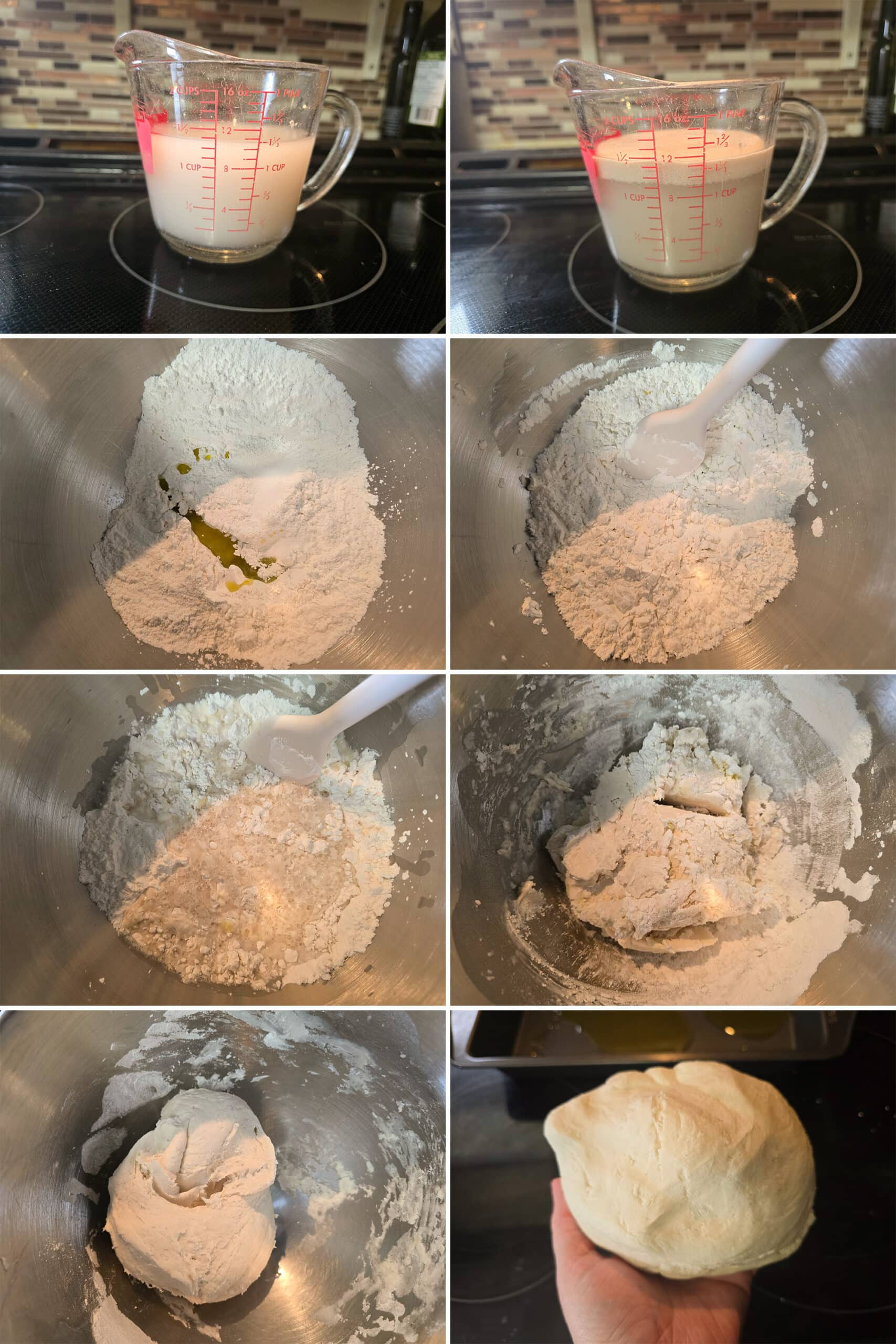 8 part image showing yeast water bubbling, then the gluten free pizza dough being made.