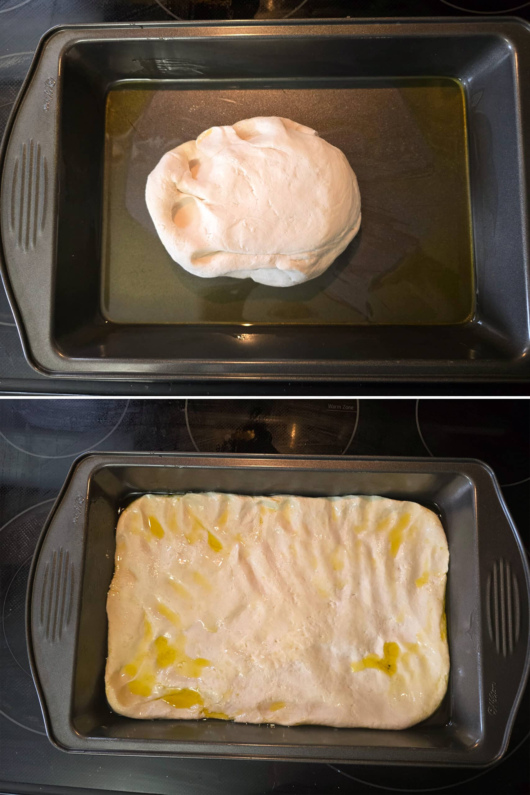 2 part image showing gluten free pizza dough being spread in a pan.