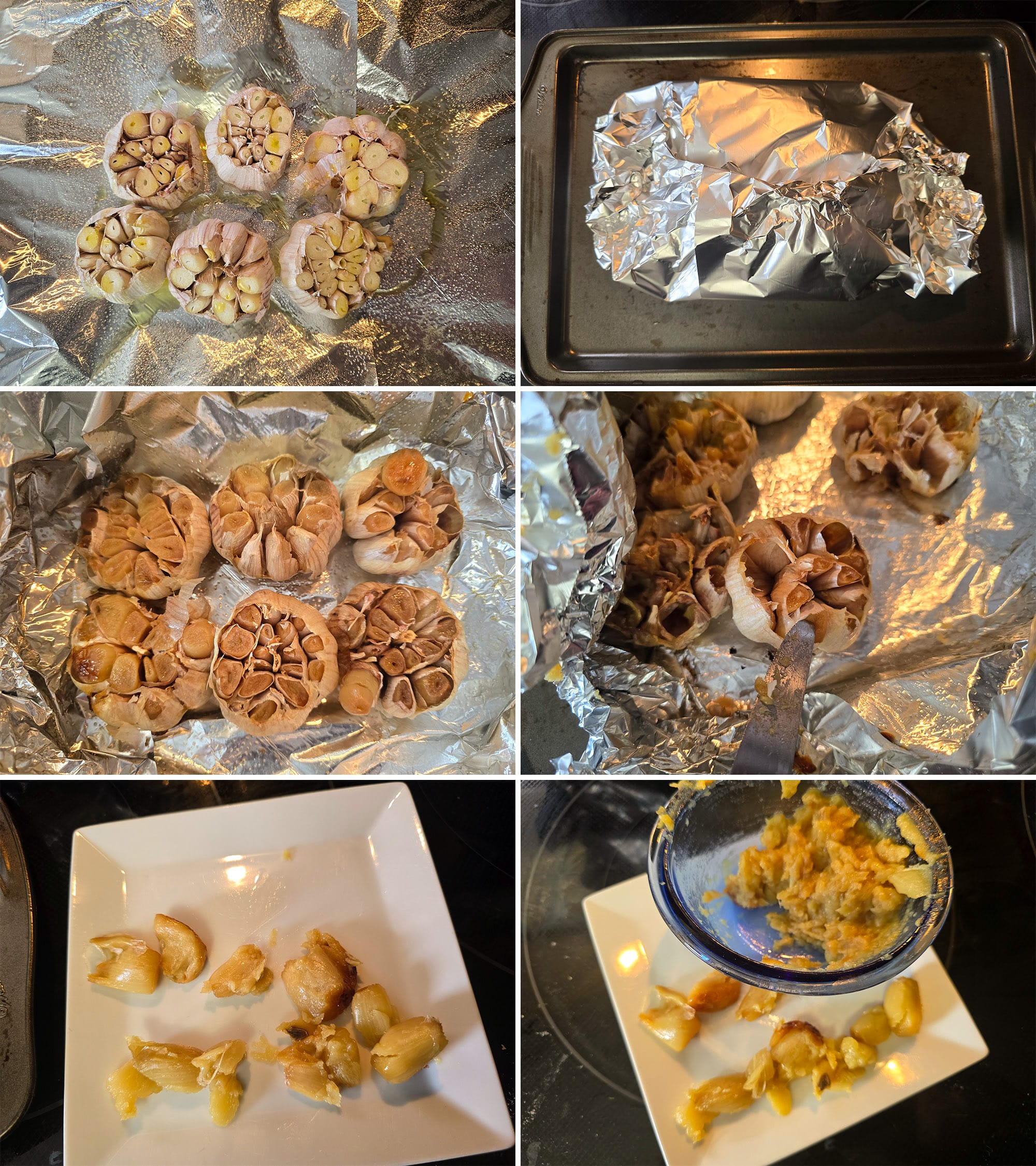 6 part image showing 6 garlic bulbs being roasted then roasted garlic cloves being removed from the bulbs. some are smashed, others are arranged whole on a plate.