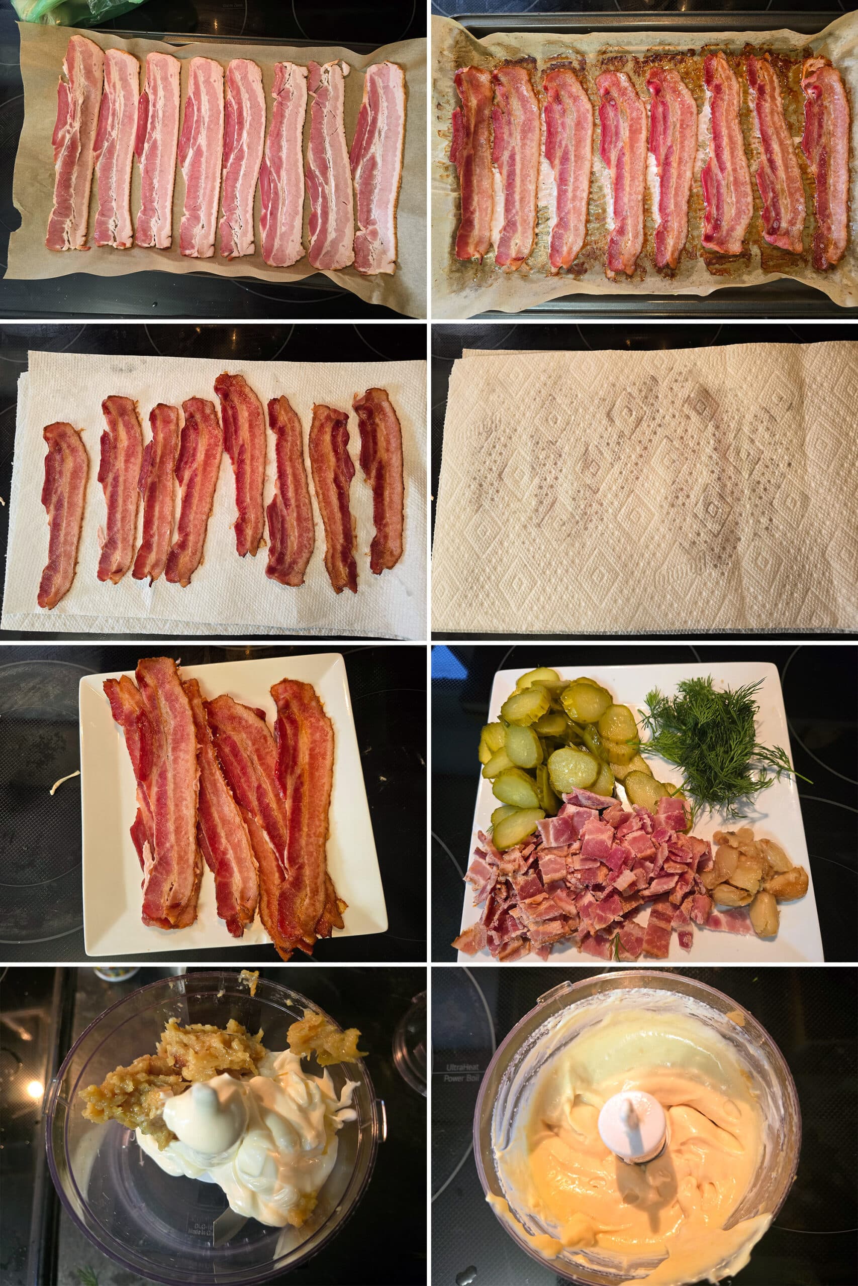 8 part image showing bacon being baked and chopped, then the roasted garlic mayonnaise being made in a mini food processor.