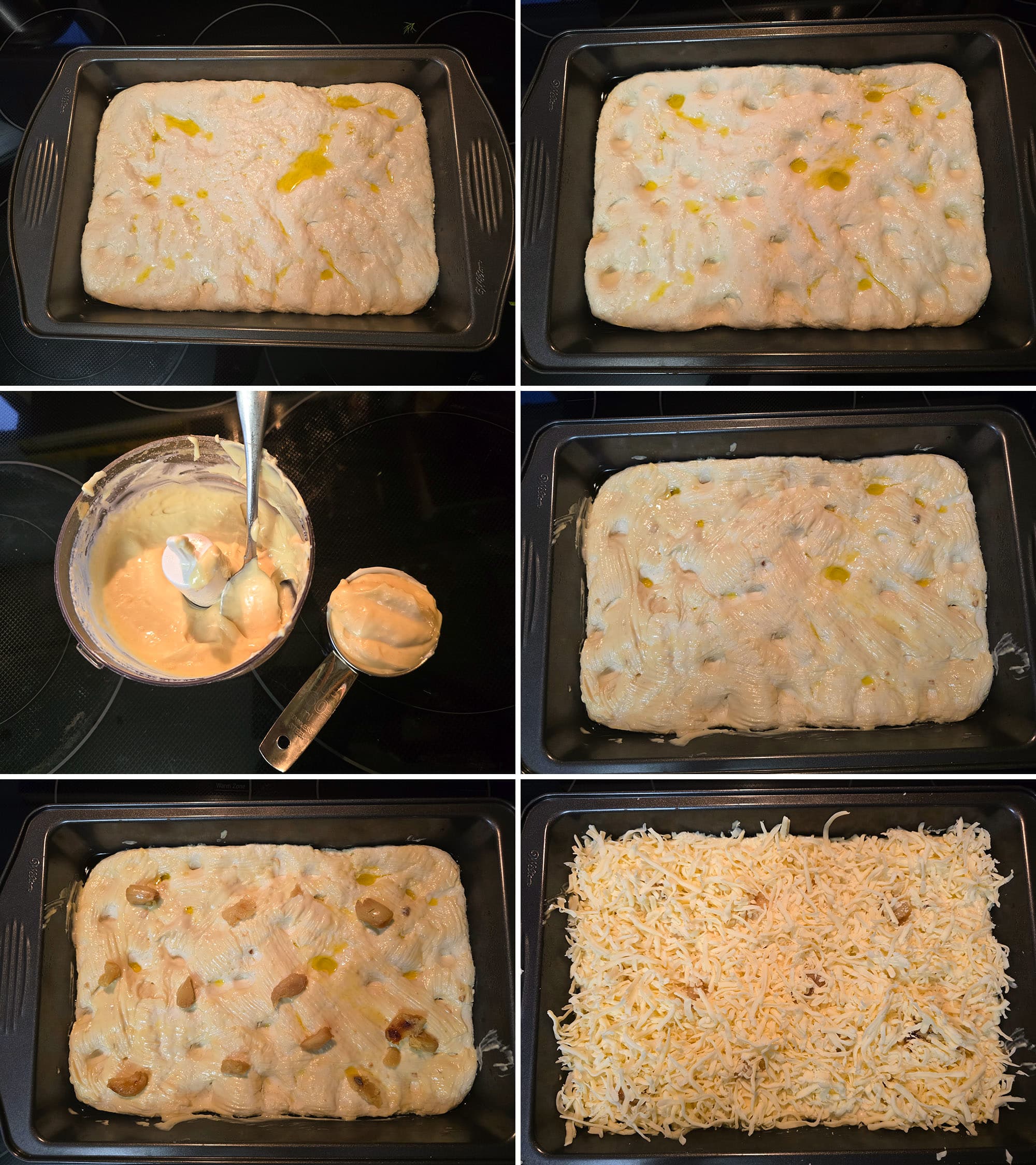 6 part image showing the risen dough being dimpled in the pan, spread with garlic mayonnaise, sprinkled with roasted garlic cloves, then topped with cheese.