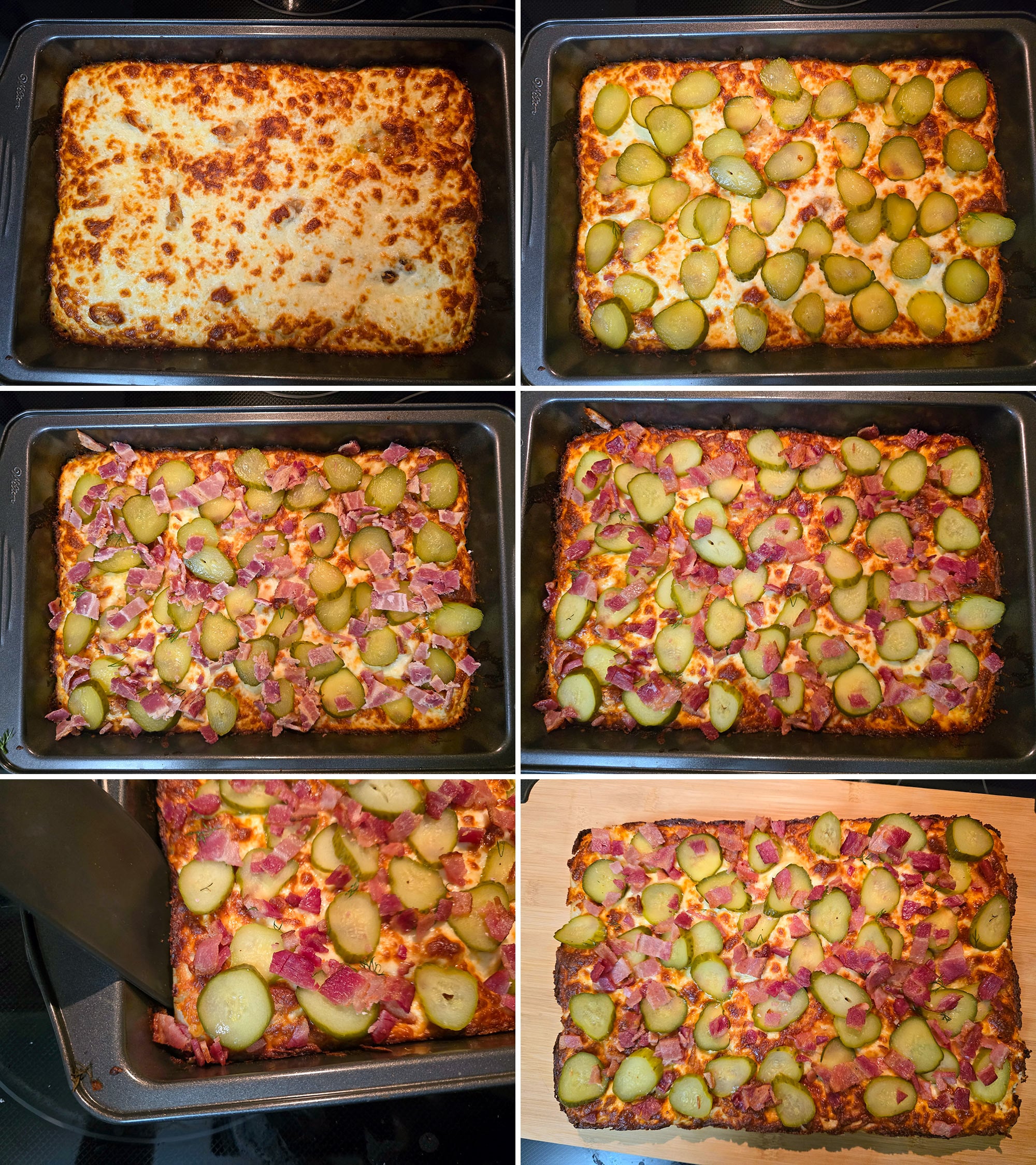 6 part image showing a baked cheese covered pizza being topped with dill pickle slices and bacon, cooked again, then removed from the pan.