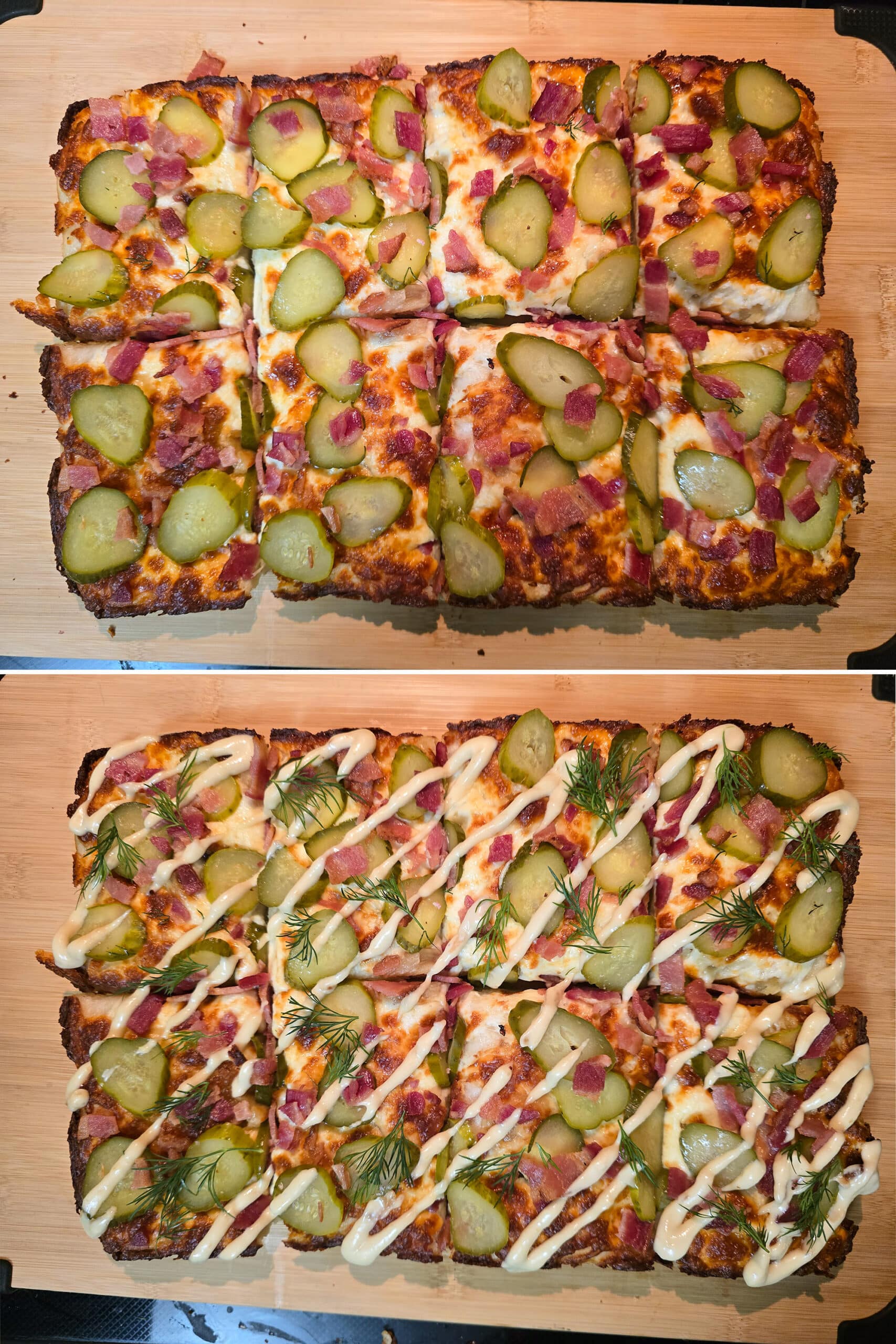 2 part image showing a baked pickle pizza being cut and topped with roasted garlic mayo and fresh dill sprigs.